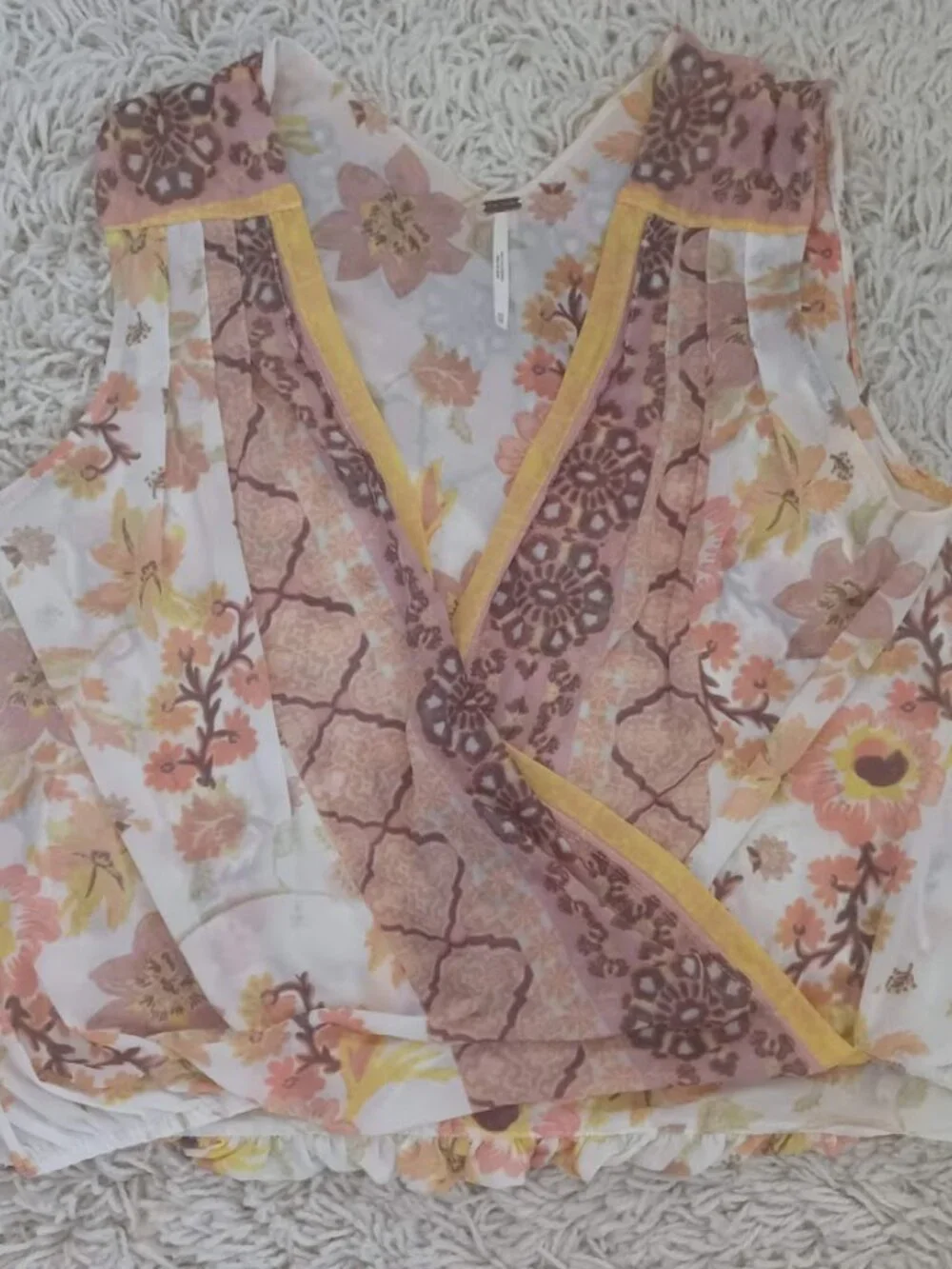 Free People XS Floral Surplice Wrap Tank Top Boho Bubble Hem Sleeveless Blouse